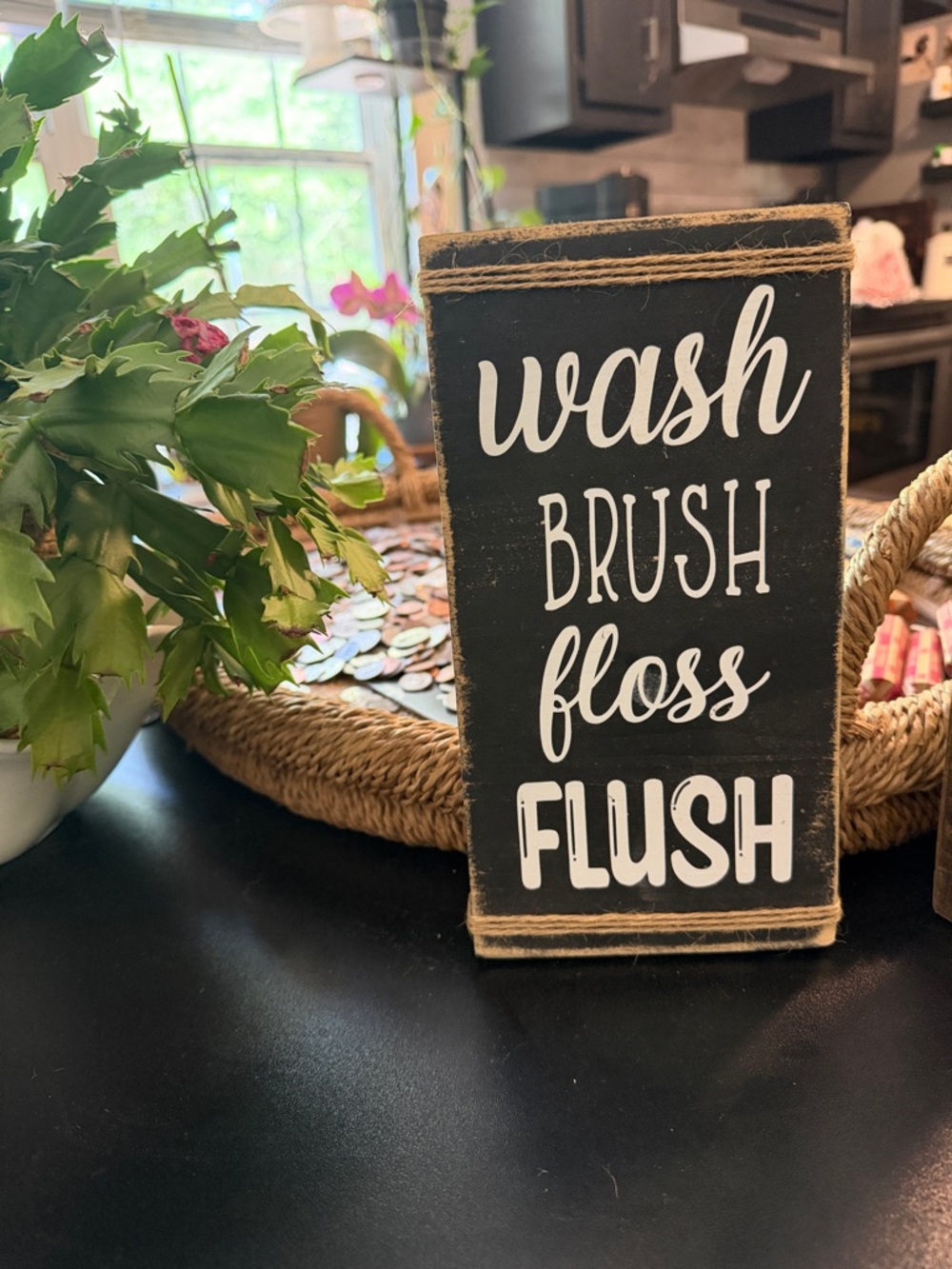 Rustic Black 'Wash Brush Floss Flush' Bathroom Sign